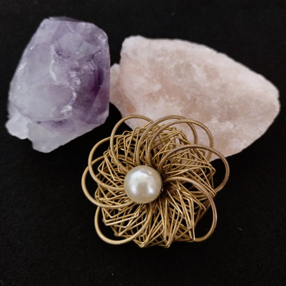 Golden Metal Large Faux Pearl Brooch